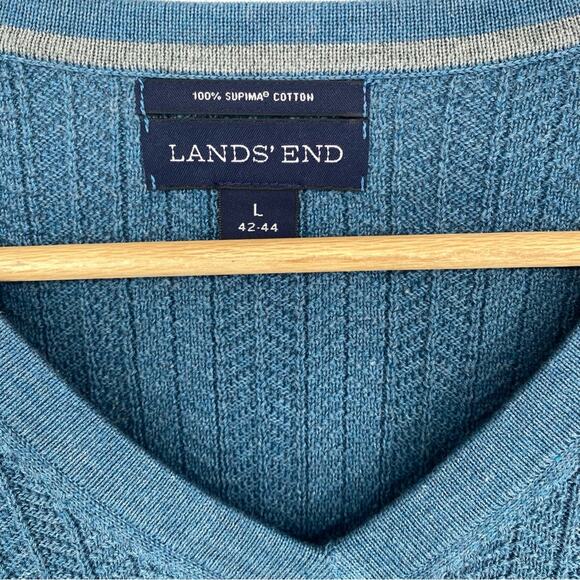 Lands’ End Men’s Sweater V-neck Supima Cotton Herringbone Knit Aqua Large - Picture 4 of 7